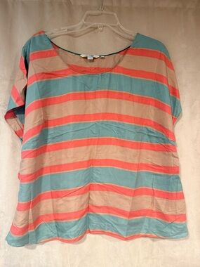Boden Striped Short-Sleeve Blouse in Teal, Coral & Beige
